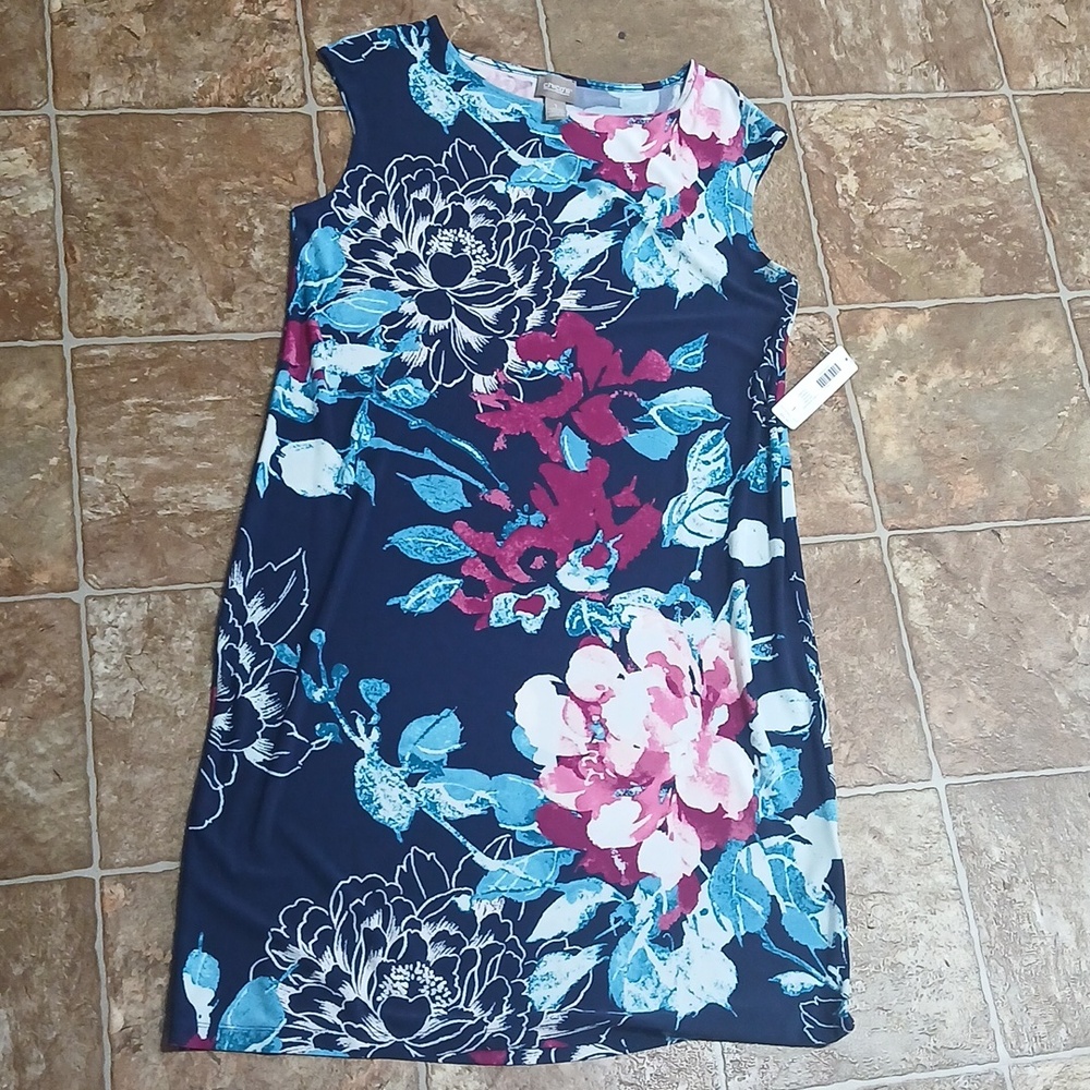 Sleeveless Navy Floral Shift Dress with Pink & Teal Blooms Size 1 🌏🌏🌏